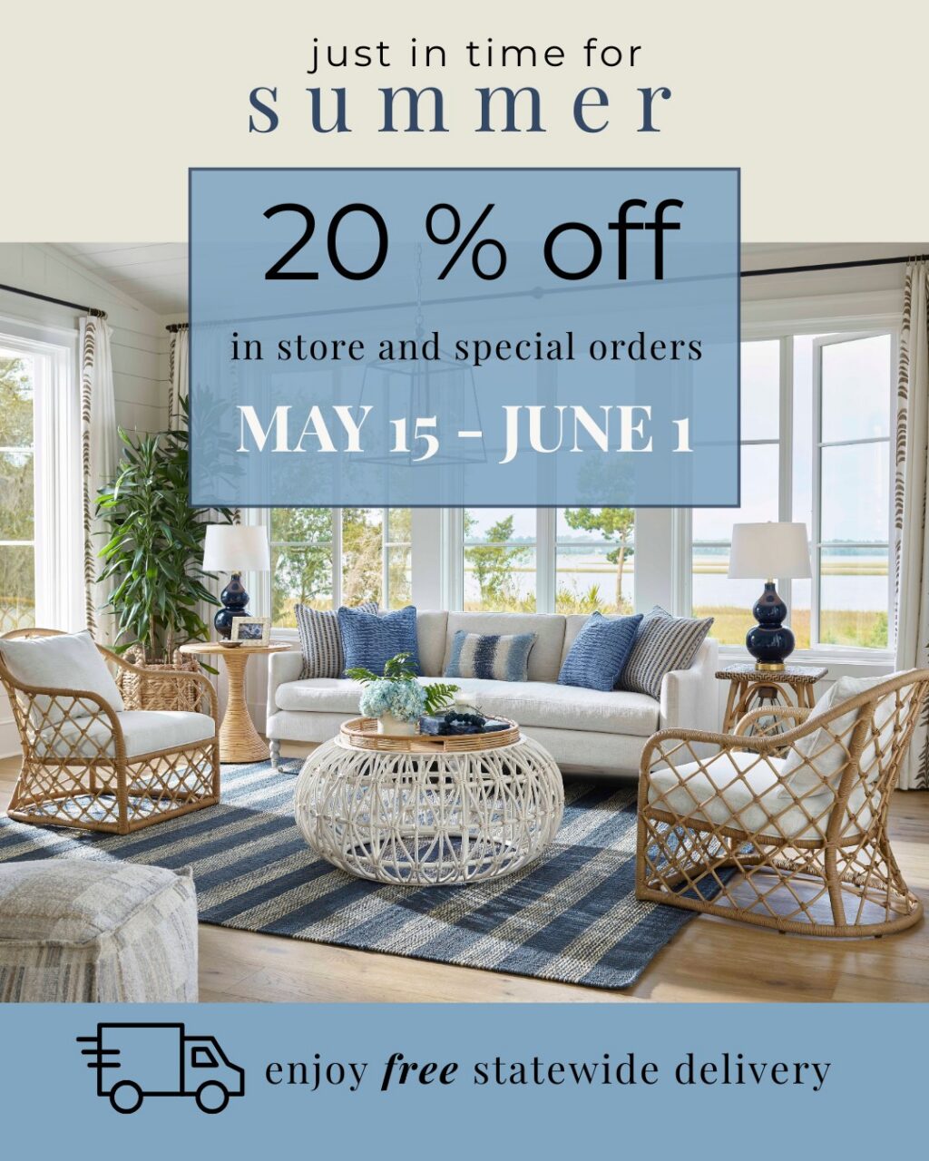Summer starts at home ☀️

Enjoy 20% off in-store purchases and special orders from our vendors — including @universalfurn Universal Furniture — now through June 1.

Plus, receive FREE statewide delivery to make bringing your dream home together even easier.

Thoughtfully curated furniture, timeless coastal style, and elevated pieces designed for summer living.