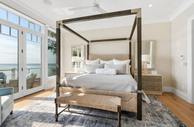 A bedroom designed to feel every bit as restful as the view. Soft layers, natural texture, and a statement bed bring warmth and quiet balance to this lakeside retreat. 

The kind of space that makes staying in feel just as good as stepping outside.

@bernhardtfurniture 
@harborviewcustombuilders